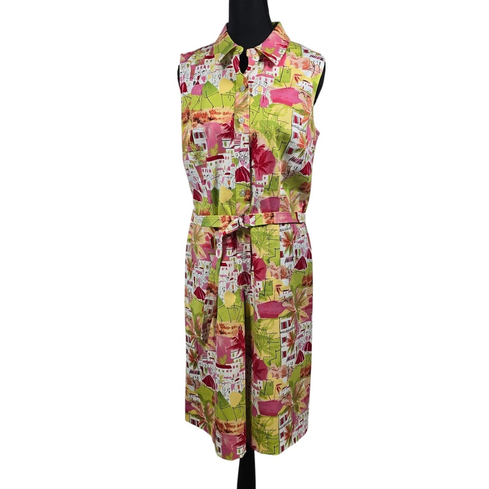 Vintage Talbots Womens 10 Tropical Print Shirt Dress Pink Green Belted Midi USA
